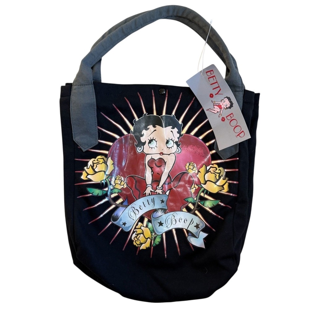 Betty Boop Black Knit Tote Bag NWT Back Pocket Cartoon Graphic Tattoo Retro
